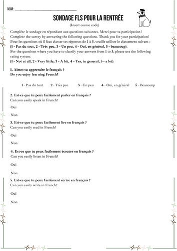 French Back to school survey (Intermediate/Advanced students)