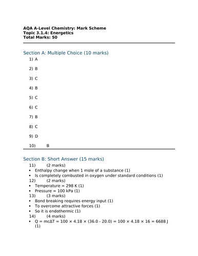 AQA A-Level Chemistry End of Topic Test – 3.1.4 Energetics