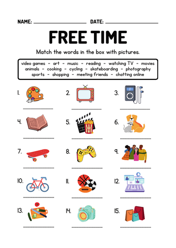 Free Time Activities, Hobbies and Interests Vocabulary Worksheet