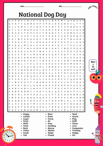 National Dog Day Word Search Puzzle Worksheet Activity