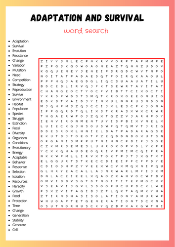 Adaptation and Survival Word Search Puzzle