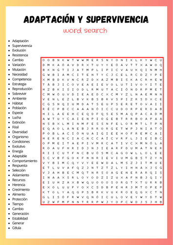 Spanish Adaptation and Survival Word Search Puzzle