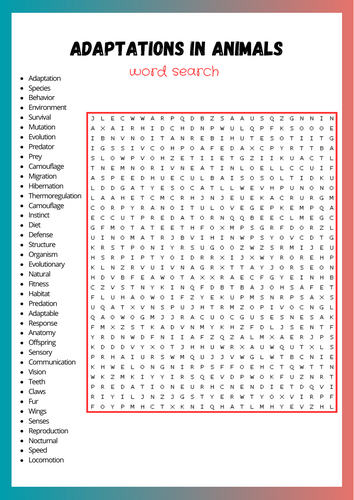Adaptations In Animals Wod Search Puzzle