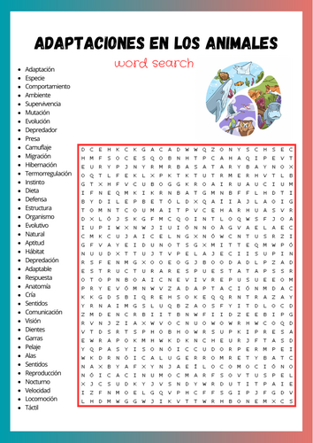 Spanish Adaptations In Animals Wod Search Puzzle