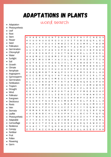 Adaptations in Plants Wod Search Puzzl