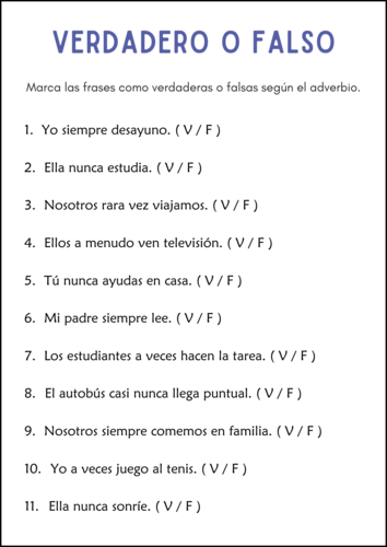 Adverb of Frequency Grammar Worksheets in Spanish - Adverbio de Frecuencia