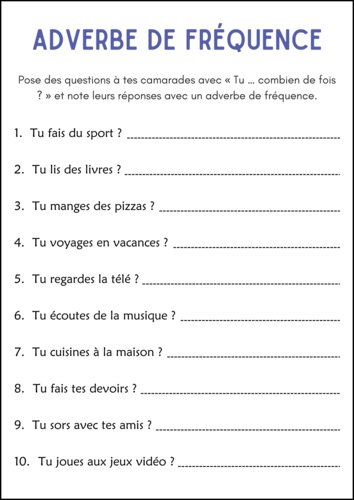 Adverb of Frequency Grammar Worksheets in French - Adverbe de Fréquence