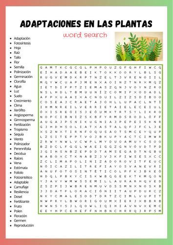Spanish Adaptations in Plants Wod Search Puzzle