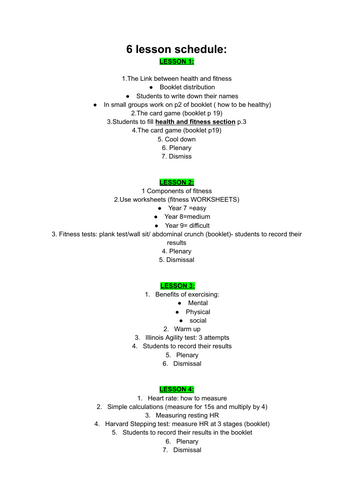 Fitness lesson plans (6 lessons) overview