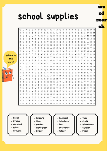All About School Supplies Word Search Puzzle