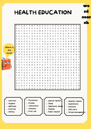 Health Education Word Search Puzzle BACK TO SCHOOL