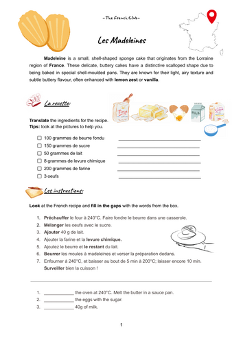 Les madeleines worksheet