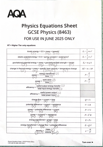 Physics Equation Sheet - AQA Triple - with Units and Conversions