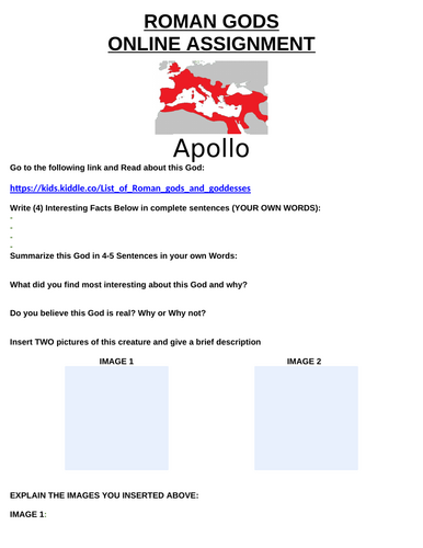 Roman Gods Online Assignment Bundle  "Mini Research" (12 WORD Assignments"