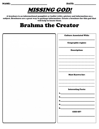 Hindu Gods Worksheet Packet "Missing God Brochure" (Shiva, Brahma and Vishnu)