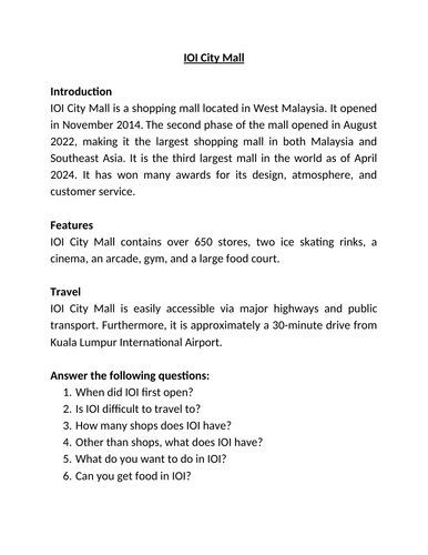 Reading comprehension text with questions on IOI City Mall, Malaysia