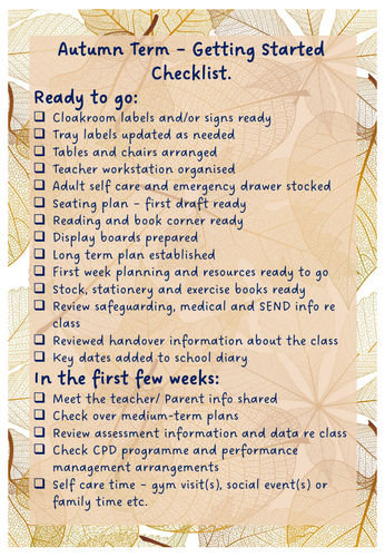 Back to school - getting started check list for class teachers