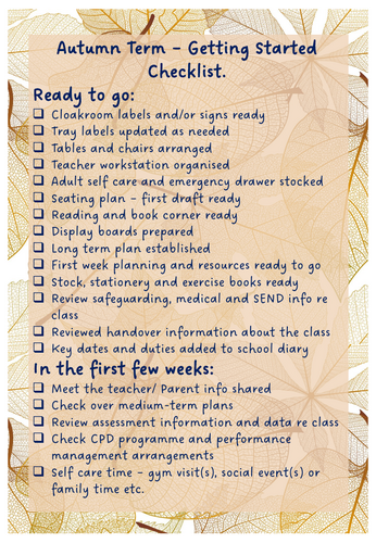 Back to school - getting started check list for class teachers