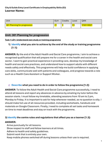 City & Guilds Entry Level 3 in Employability Skills: Unit 301 Planning for Progression