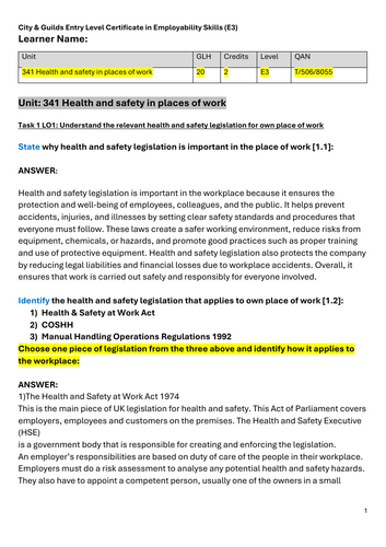City & Guilds Entry Level 3 in Employability Skills: Unit 341 Health and safety in places of work