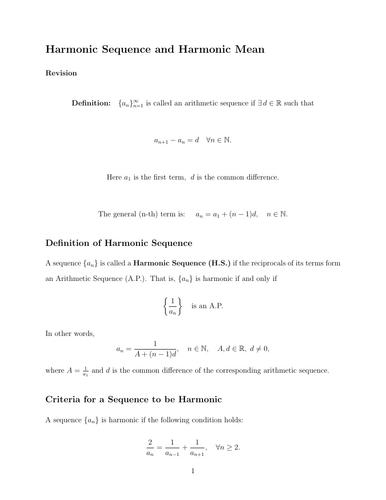 Harmonic Sequence and Harmonic Mean