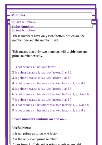 factors multiples squares cubes primes explanation posters for display