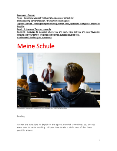 German, Mein Schulleben (describing yourself  with emphasis on school-life), read comp and trans.