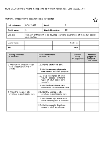 CACHE Level 1 Award in Preparing to Work in Adult Social Care: Unit PWCS01: Adult social care sector