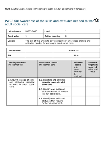 CACHE Level 1 Award in Preparing to Work in Adult Social Care: Unit PWCS 08: Skills and attitudes