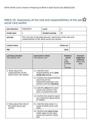 CACHE Level 1 Award in Preparing to Work in Adult Social Care: PWCS10: Role and Responsibilities