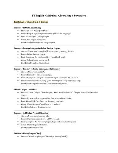 Transition Year English - Advertising & Persuasion Module