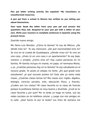 Pen pal letter writing activity (En español)