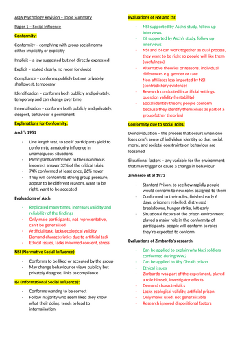 AQA Psychology - Social Influence Topic Summary