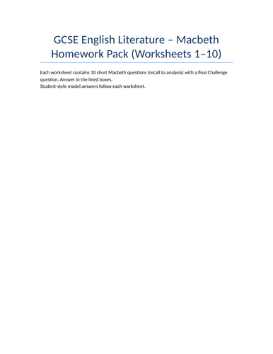 Macbeth Homework sheets - 10 weeks worth