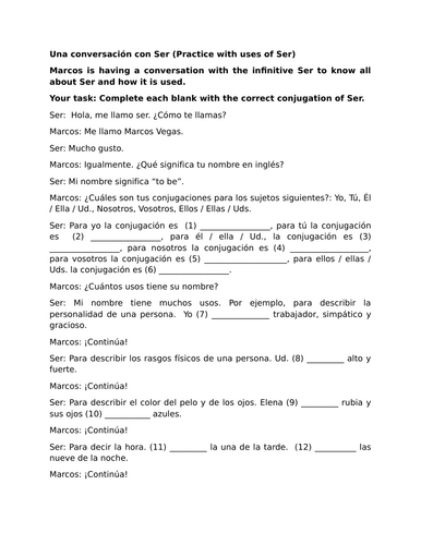 Una conversación con Ser (Practice with uses of Ser)