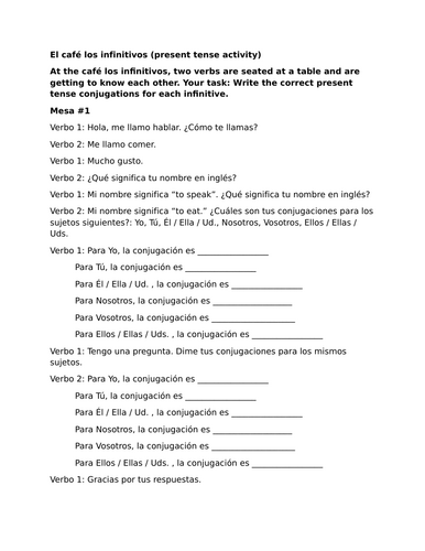 El café los infinitivos (present tense activity)