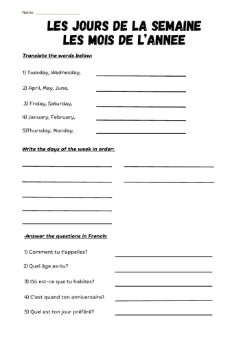 French Days of the Week / Months of the Year