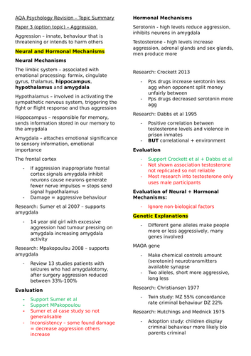 AQA Psychology - Aggression Topic Summary