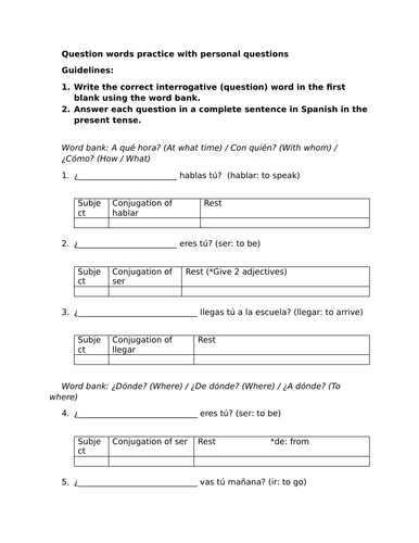 Question words practice with personal questions (Spanish)