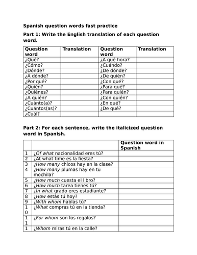 Spanish question words fast practice