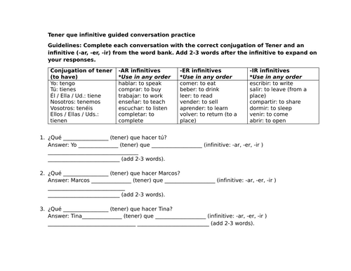 Tener que infinitive guided conversation practice