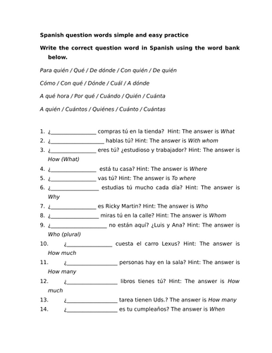 Spanish question words simple and easy practice