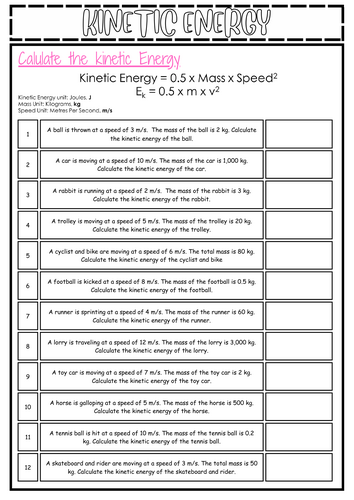 Kinetic Energy Calculations Worksheet KS4