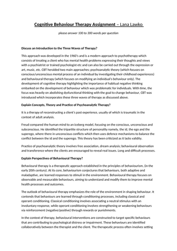 Cognitive Behavioural Therapy (CBT) assignment for students with answers