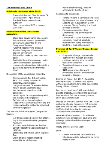 OCR A-level History Russia 1894-1941 - The Civil War and Lenin Topic Summary