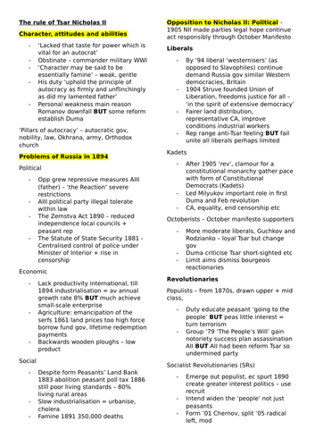 OCR A-level History Russia 1894-1941 - The Rule of Tsar Nicholas II Topic Summary