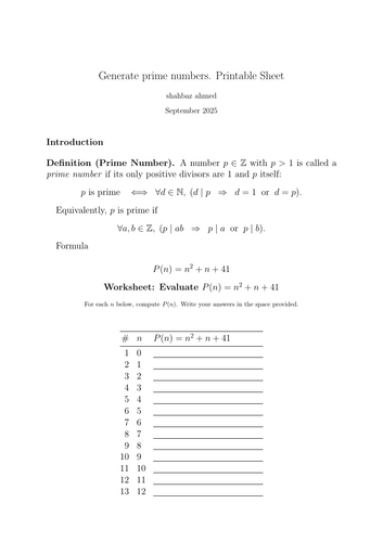 Generate prime numbers. Printable Sheet