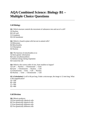 AQA Combined B1 Multiple Choice Questions