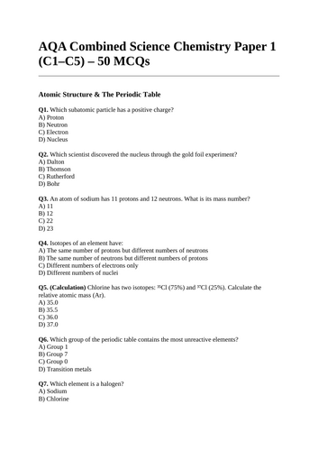 AQA Combined C1 Multiple Choice Questions