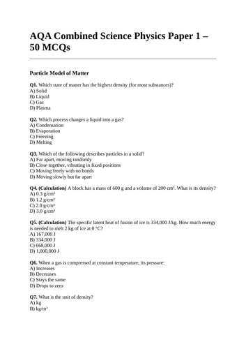 AQA Combined P1 Multiple Choice Questions